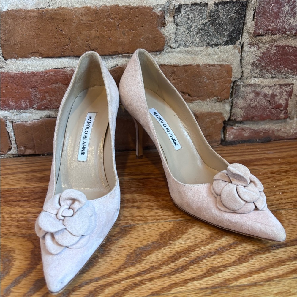 Manolo Blahnik Blush Pink Suede Pointed-Toe Camellia Pumps